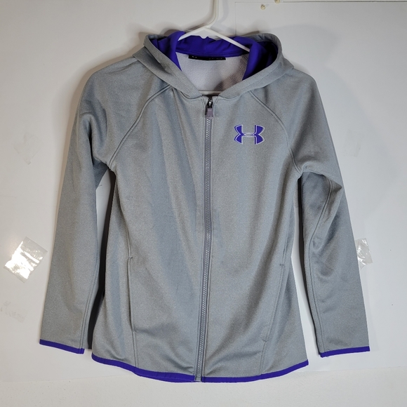 Girls Under Armour Gray/Purple Zip front Hooded jacket Youth large Loose fit - Picture 1 of 15